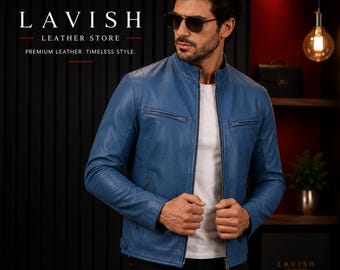 Herren Blau Leder Cafe Racer Jacke, Handgefertigter Echtleder Biker-Stil