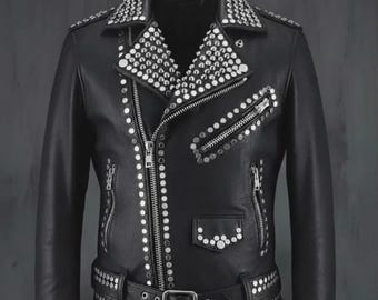 Schwarze Damen-Lederjacke mit Nietenbesatz, Punk-Rock-Gothic-Bikerjacke (handgefertigt)