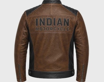 Braune Herren-Lederjacke aus Rindsleder | Bikerjacke im Indian Motorcycle-Stil