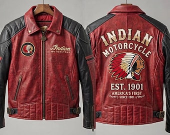 Herren Bikerjacke aus Rindsleder in Rot und Schwarz mit Stickereien im Patchwork-Stil | Used-Look im Moto-Stil