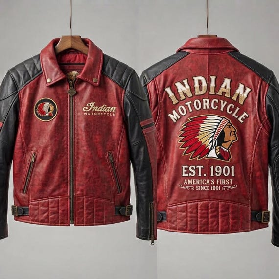 Men's Red Black Leather Biker Jacket | Embroidered Patchwork Cowhide Motorcycle  | Distressed Vintage Moto Jacket | Indian Motorcycle Style