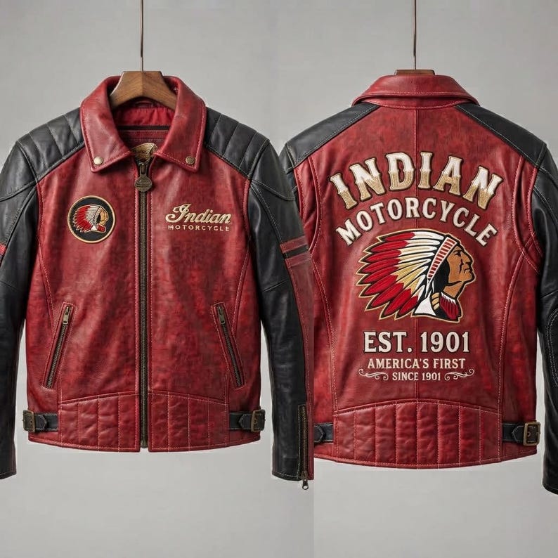 Puede incluir: Una chaqueta de cuero roja y negra con el logotipo de Indian Motorcycle en el pecho y la espalda. La parte posterior muestra un gr&aacute;fico grande de una persona con tocado y el texto Indian Motorcycle Est. 1901 America's First Since 1901.