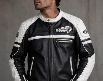 Schwarze und weiße Herren-Lederjacke aus Rindsleder, Bikerjacke im indischen Stil