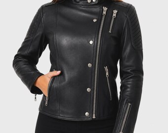 Schwarze Bikerjacke aus Leder für Damen, handgefertigte Premium-Motorradjacke, schmal geschnittene Motorradjacke, gesteppte Schulterjacke mit Reißverschluss