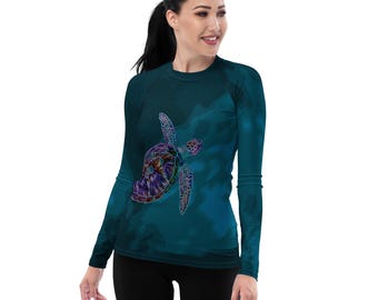 Sea Turtle Teal Rash Guard, Dive Skin, Scuba Diving Shirt, Snorkeling Top