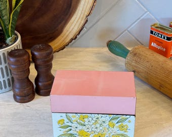 Vintage Metal Ohio Art Recipe Box Pink Floral Era of 1960s and 70s, filled with Handwritten and Clipped 3x5 Recipe cards