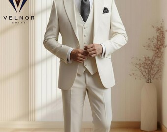 Men’s Ivory 3 Piece Suit – Slim Fit Wedding and Formal Wear