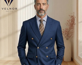 Blue Double-Breasted 3-Piece Suit | Men’s Tailored Wedding Suit | Modern Groom Outfit | Groomsmen Attire | Formal Business Tuxedo