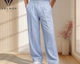 Sky Blue Linen Pants for Men, Lightweight Summer Trousers, Breathable Beach Wedding Wear