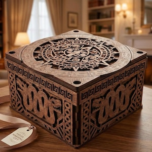 May include: A wooden box with intricate laser-cut designs, including a Mayan calendar on the lid and serpent motifs on the sides. A gift tag with the text "HOUSE WARMING GIFT" is attached. The box is brown and sits on a wooden table.