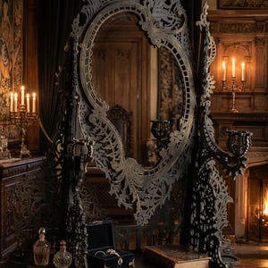 May include: An elaborate, dark-toned vanity mirror with an oval frame and detailed carvings. The mirror is on a matching dresser with a jewellery box, perfume bottles, and a book. The background includes a fireplace and candles.