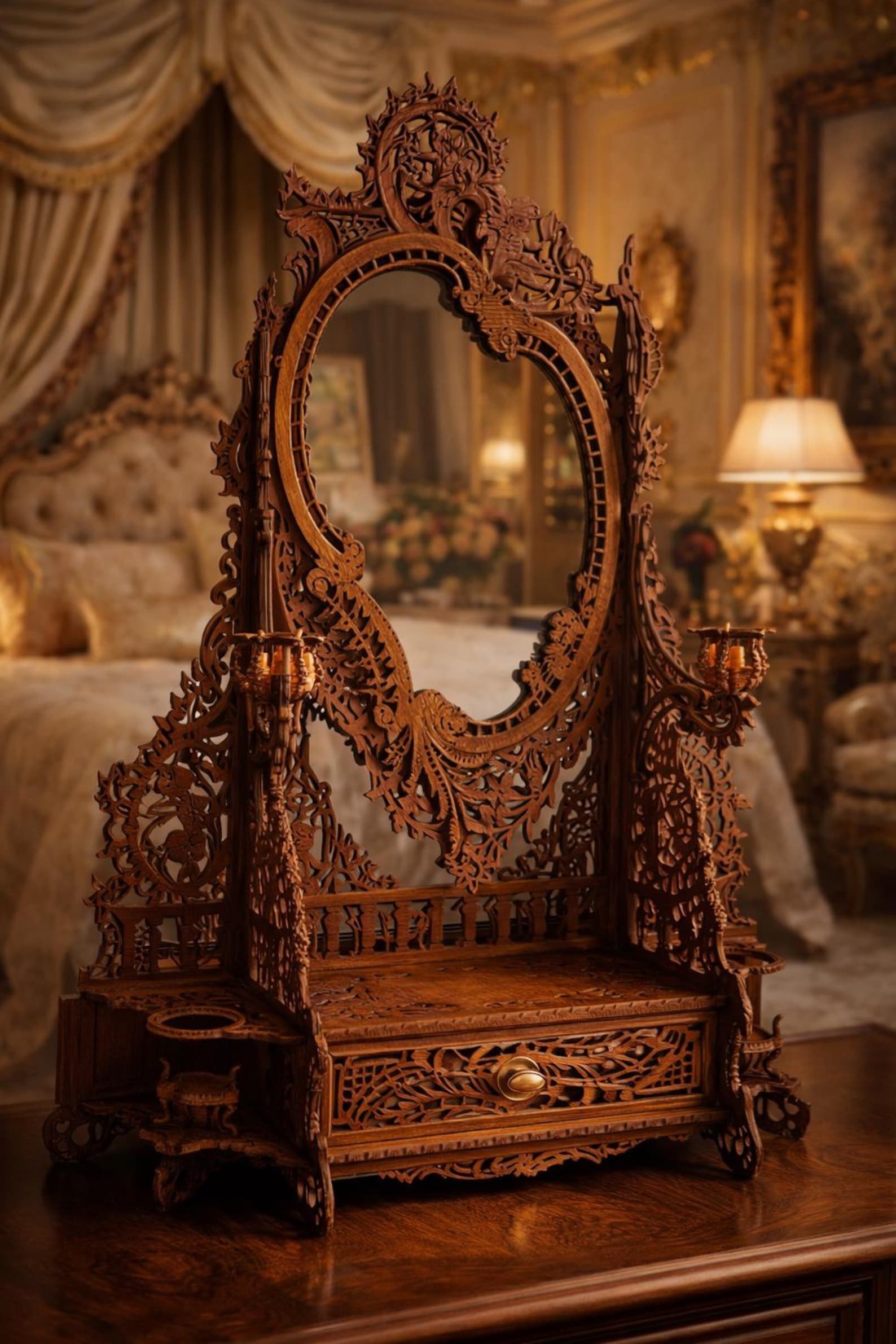 Laser Cut Victorian Vanity Mirror Table | Gothic Scrollwork CNC File