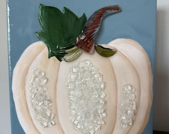 White Pumpkin Wall Art with Glass Embellishments on Canvas - Original Mixed Media Fall Decor