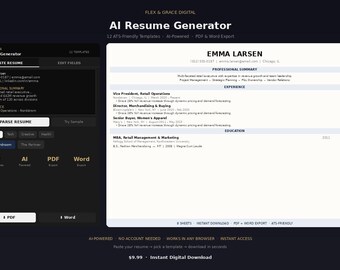 AI Resume Generator — ATS Friendly Resume Builder — 12 Professional Templates — Instant Access — Excel Google Docs