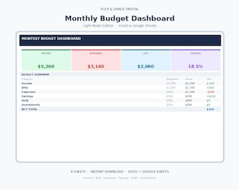 Monthly Budget Spreadsheet Excel Google Sheets — Budget Planner Template — Income Expenses Savings Debt Tracker — Instant Download