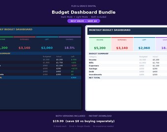 Budget Spreadsheet Bundle — Dark + Light Mode — Excel Google Sheets Budget Planner — Income Debt Savings Investments Tracker