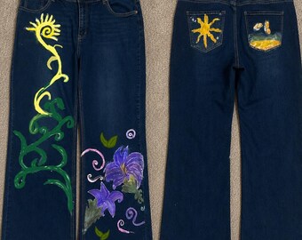 Jeans Fairycore dipinti a mano su misura / Denim floreale Boho personalizzato / Pantaloni artistici Cottagecore Hippie realizzati su ordinazione