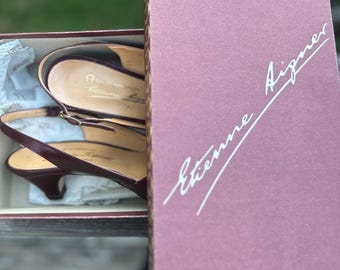 Etienne Aigner Heels Slingback 7 Vintage Designer 80s Leather Italy Peep Toe