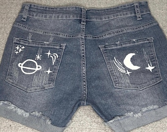 Hand Painted Celestial Mom Shorts – Y2K Cosmic Denim, Moon Phase Stardust Jeans