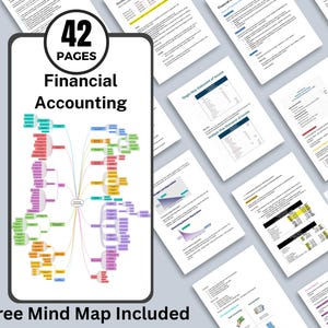 Può includere: Un prodotto digitale con 42 pagine di informazioni sulla contabilità finanziaria. L'immagine principale presenta una mappa mentale colorata e le parole "Financial Accounting". Sono visibili pagine aggiuntive con rendiconti finanziari e concetti contabili.
