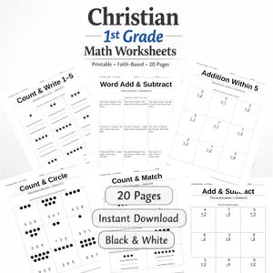 May include: A collection of black and white Christian 1st Grade Math Worksheets. The worksheets include addition, subtraction, counting, and matching exercises. The set includes 20 pages and is available for instant download.