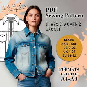 Puede incluir: Chaqueta vaquera clásica en un lavado azul claro a medio, con cierre de botones y bolsillos en el pecho. La imagen muestra un patrón de costura PDF para tallas XXS-XXL, EU 32-52 y UK 4-24. El texto también incluye tallas US 0-20. La chaqueta tiene cuello.