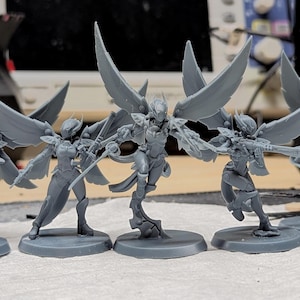 May include: Five gray miniature figurines of winged warriors in dynamic poses. Each figure is on a circular base and holds a weapon, with detailed armor and large, stylized wings. The figures are set against a blurred background.