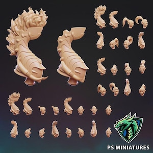 May include: A collection of unpainted light tan resin miniature heads and helmets featuring various designs, including pointed ears, high ponytails, and flame-like crests. The set includes multiple individual pieces arranged in rows, with the PS Miniatures logo.