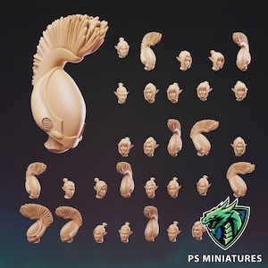 Può includere: Una collezione di teste in miniatura in resina beige per personaggi da gioco, con varie acconciature e design di elmi con creste prominenti. Il set include diverse teste di personaggi con orecchie a punta e un logo con la scritta PS MINIATURES.