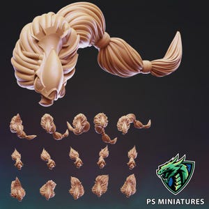 May include: A collection of unpainted light brown resin miniature hair pieces featuring various ponytail and braided styles. The set includes one large detailed hair component at the top and fifteen smaller individual hair sculpts below.