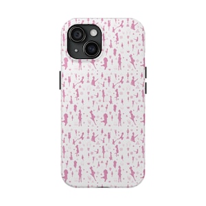 May include: A white phone case with a repeating pattern of pink ballerina figures, crowns, and other shapes. The case has a camera cutout and black side buttons.