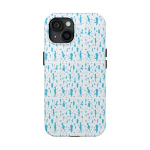 May include: A white iPhone case with a repeating pattern of blue silhouettes of figures, wands, and other symbols. The case has a camera cutout and black side buttons.