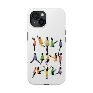 May include: White phone case featuring a colorful illustration of silhouetted figures in various dance poses. The dancers are depicted in a variety of outfits, including dresses and jumpsuits, in shades of pink, yellow, green, and purple.