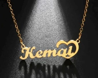 Collana con nome personalizzato con cuore, placcatura in oro o argento