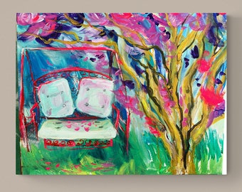 Crape Myrtle Tree Original Painting, Swing, Swing set art, southern art, coastal, abstract trees, contemporary, impressionist, home decor