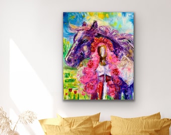 Wildflowers Original Large Painting, Tara Richelle art, horse and woman in flowers, large canvas, expressionist, equine, portrait