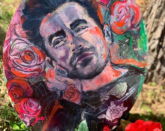 David Rose Original Painting Collage, Dan Levy portrait, mixed media art, canvas, one of a kind, abstract, modern, contemporary