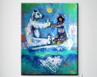 Pat-a-cake Original Painting, polar bear, pop art, surreal, iceberg, girl, child, turquoise, ice, blue, wall art . home decor, current art