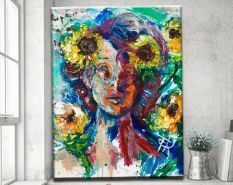 Sunflower lady, painting, sunflower field, yellow,  portrait, home decor, flowers, surreal,  floral art, floral painting,trippy, decor