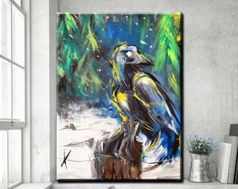 Three Eyed Raven Painting, Crow art, black bird, all art, game of thrones, birds, feathers, canvas, winter, bran stark, crow art, home decor