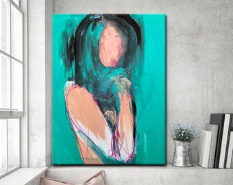 Blue abstract portrait, painting, turquoise, teal, woman, nude, home decor, figure study, impressionist, abstract art, shy, drawing, tattoo