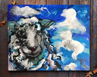 Sheep dreams, original painting, art, surreal, blue, sky, clouds, counting sheep, bedroom art, decor, wall art, abstract, impressionist