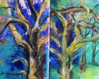 Diptych Original Plein air Tree Painting, Two pieces, tree branches, impressionist, colorful, abstract, nature, home decor, wall art, pastel