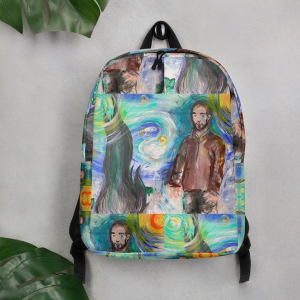 Tracksuit Rob Starry Night Backpack, wearable art, pop art, art gifts, impressionist art