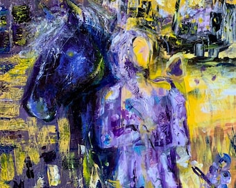 Girl with her Horse, Original painting on canvas, Impressionist art, City in the Country, textured, abstract, modern, one of a kind