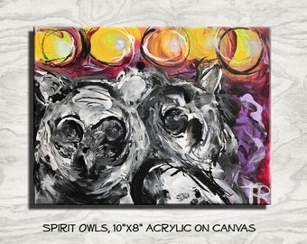 Spirit Owls original painting, owl totem, owl art, home decor, art, gift, barn owl, spirit guides,night, indian, forest, trippy, higher self