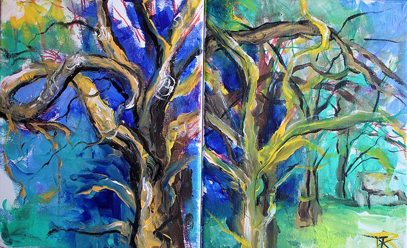 pastel colorful nature abstract wall art Diptych Original Plein air Tree Painting impressionist home decor Two pieces tree branches
