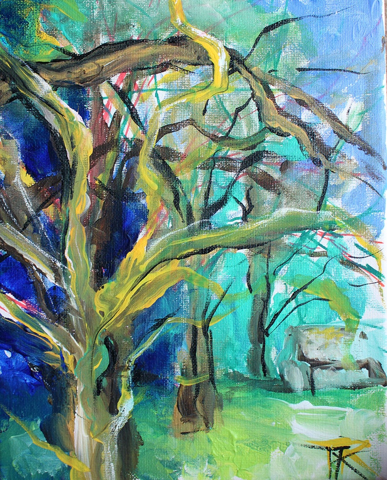 pastel colorful nature abstract wall art Diptych Original Plein air Tree Painting impressionist home decor Two pieces tree branches