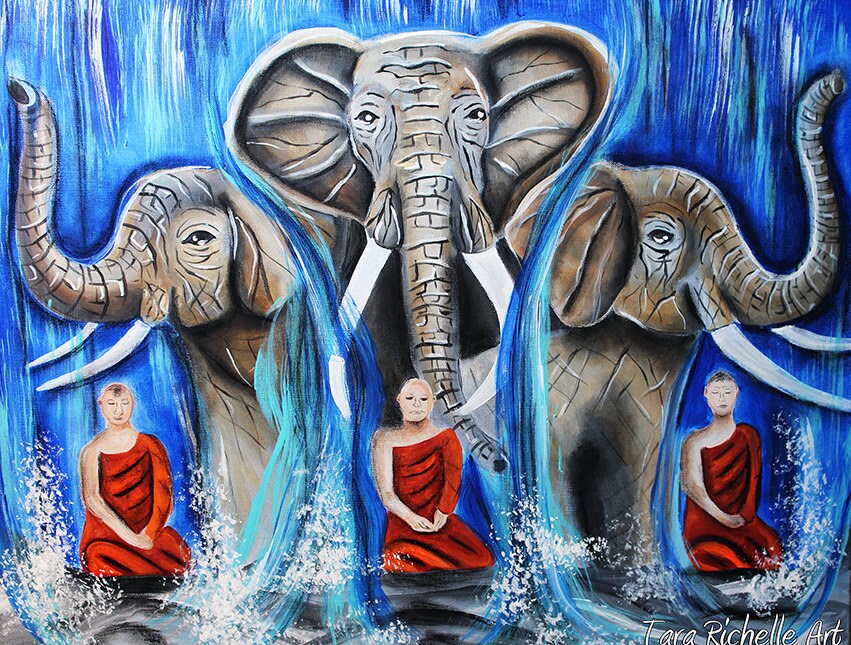Blaue Wasserfall Elefant abstrakt Yoga meditieren Buddha