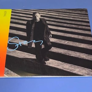 Op de afbeelding: Albumhoes voor "The Bridge" van Sting. De hoes toont een zwart-wit afbeelding van Sting die een trap afloopt. De albumtitel en artiestennaam staan aan de linkerkant in een gele tot rode gradiënt. De handtekening van de artiest is blauw.